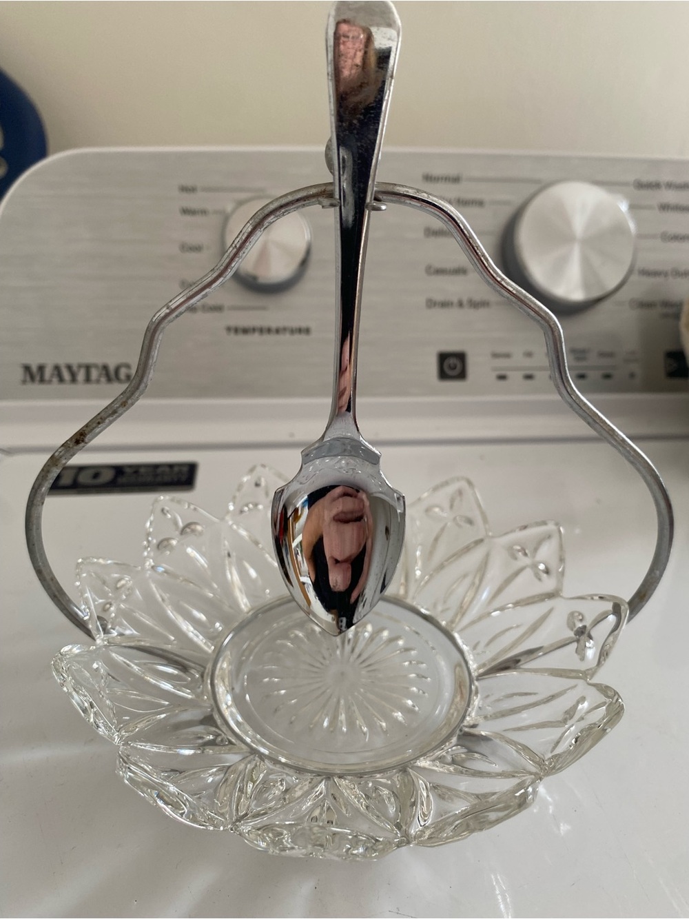 Vintage Glass Petal Jam Dish with Metal Holder & Spoon